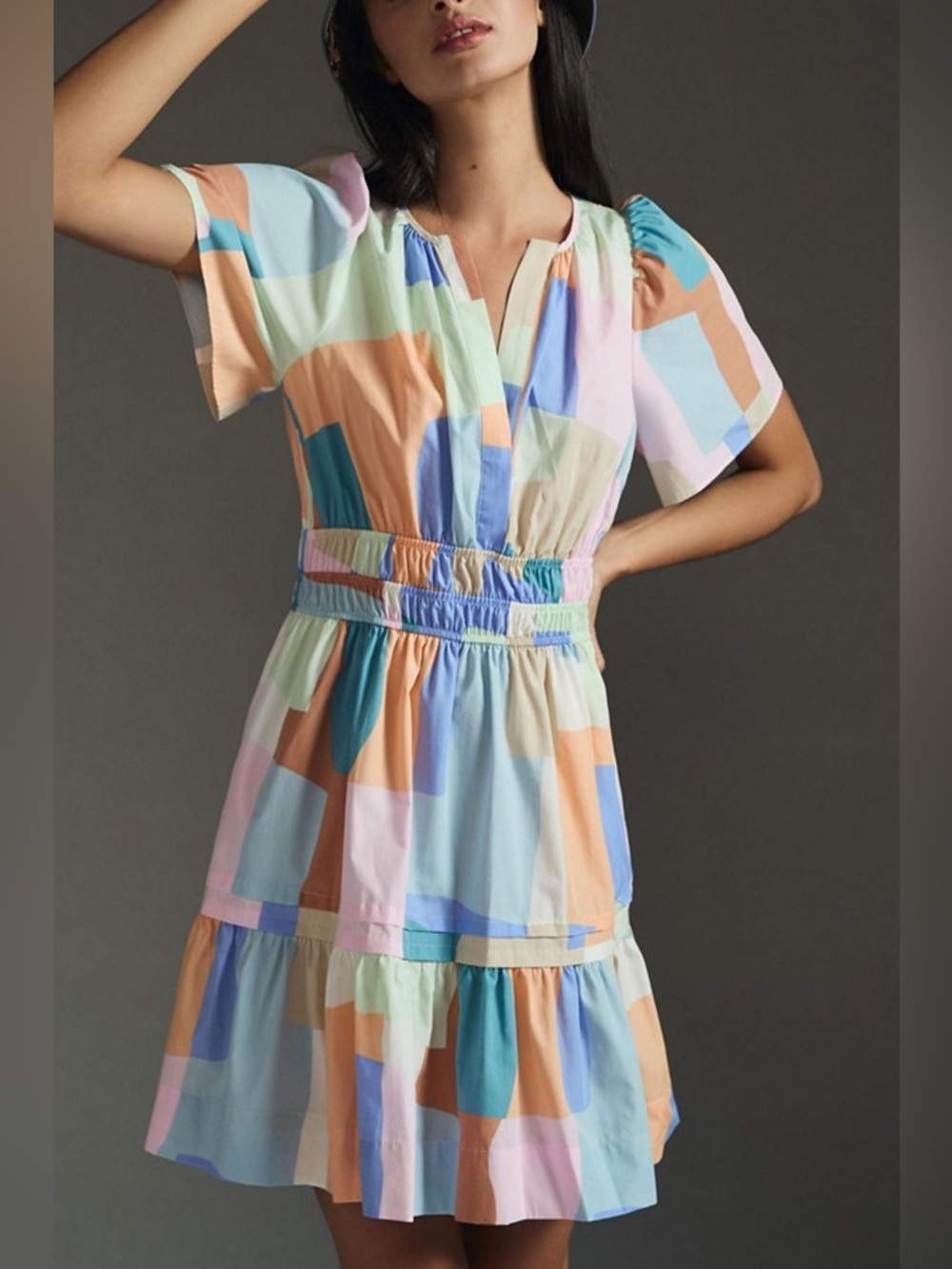 Nwot Anthropologie Pastel Block-Print Mini Dress in Blue, Peach, Pink, Mint